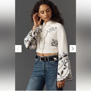 Anthropologie Blouse Women Lg Eyelet Bell Sleeve Cropped Pearl Snap Shirt Jacket